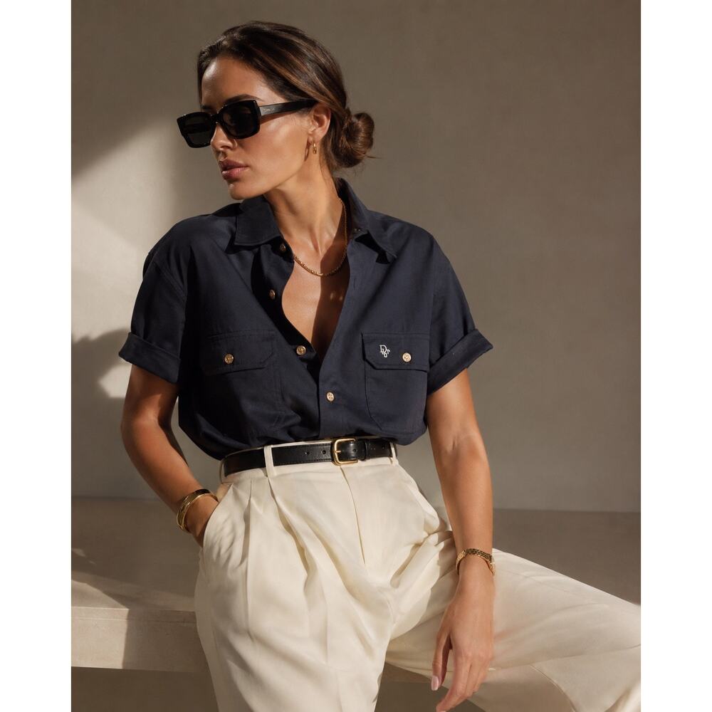 Vintage Christian Dior Polo Logo Button Down Shirt Sleeve Shirt Navy Blue Small